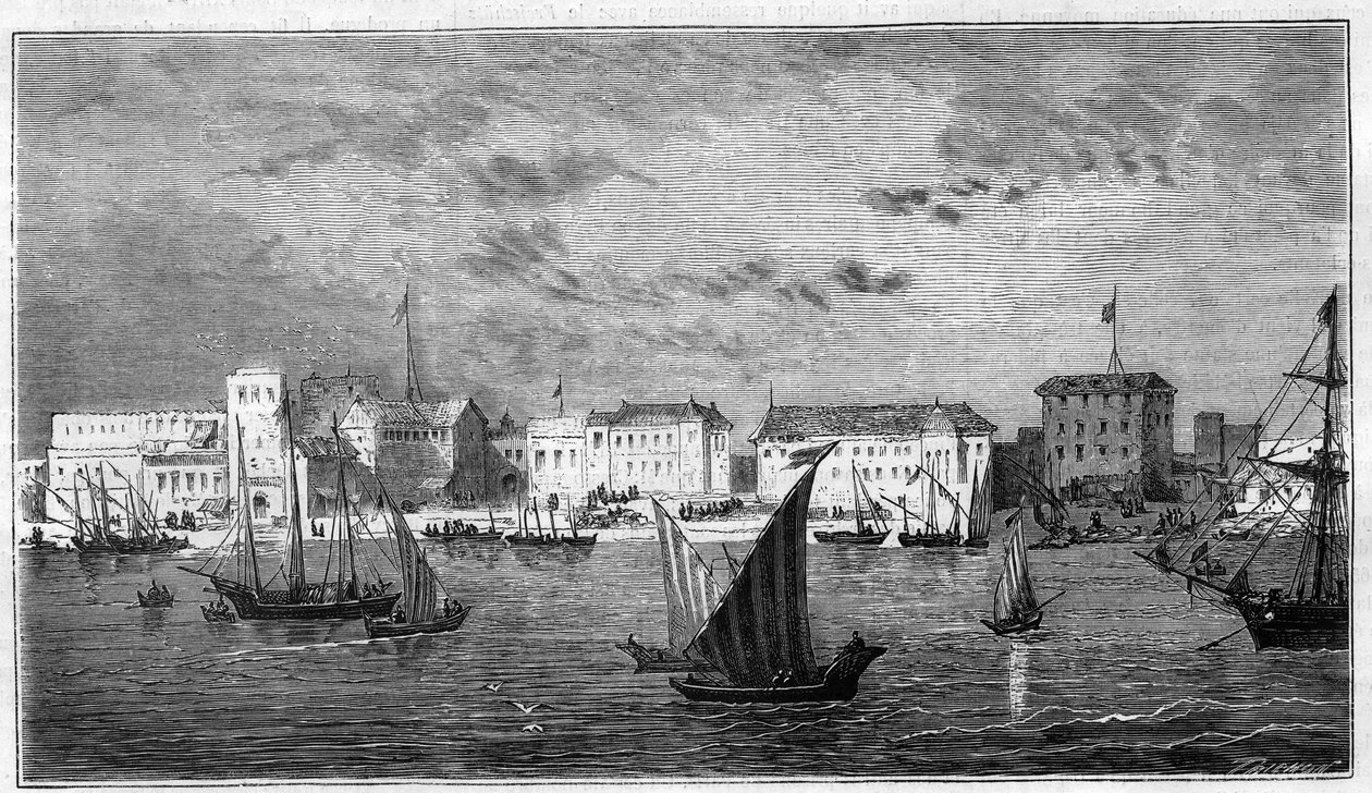 Udsigt over byen Zanzibar i Afrika. Til venstre det franske konsulat. Til højre, sultanens palads og arsenalet. Indgravering i "The Universe illustrious" af Unknown artist