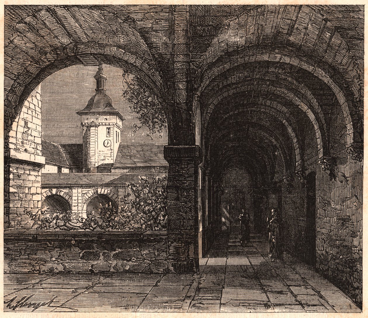 Udsigt over klosteret i klosteret Solesmes fra galleriet, Sarthe, Frankrig af Unknown