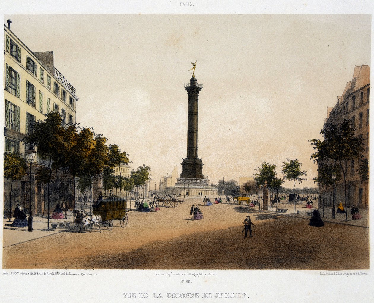 Udsigt over søjlen i juli (Place de la Bastille) fra Boulevard Beaumarchais - litografi af Unknown artist