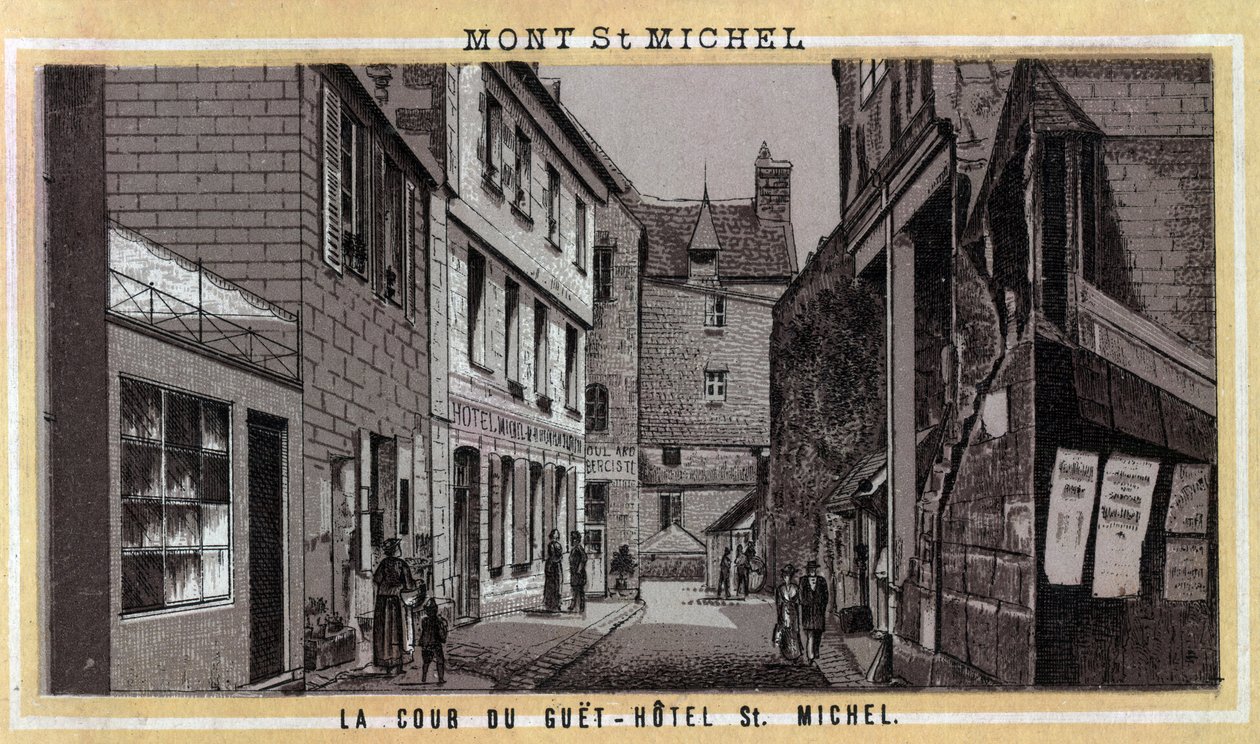 Udsigt over gården til Guet Hotel (Guet-Hotel) på Mont Saint Michel, Manche, Normandiet. Kromolitografi i slutningen af det 19. århundrede. af Unknown artist