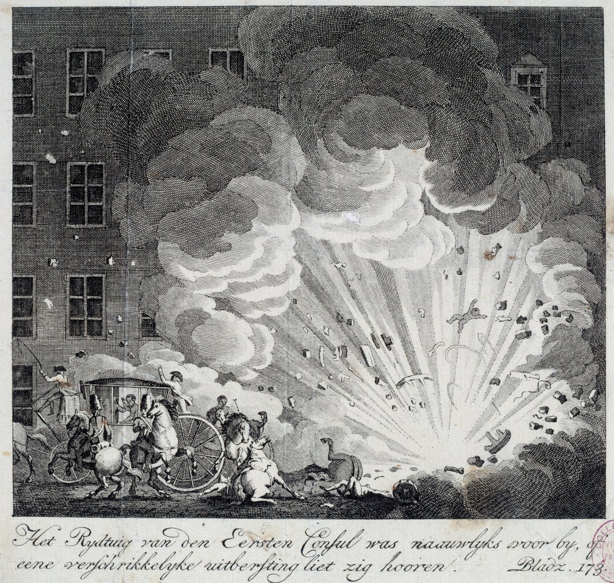 Udsigt over eksplosionen af den infernalske maskine i rue Saint Nicaise i Paris på 3. nivose an IX. Den infernalske maskines sammensværgelse er en sammensværgelse for at dræbe Napoleon Bonaparte, den nye førstekonsul efter kuppet den 18. Brumaire. En ind af Unknown artist