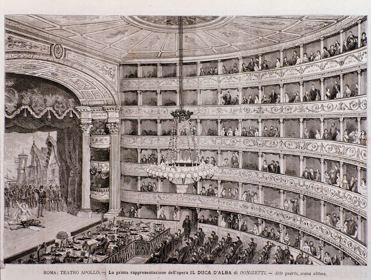 Udsigt til den første forestilling af operaen Hertugen af Alba, på Teatro Apollo, Rom af Unknown artist