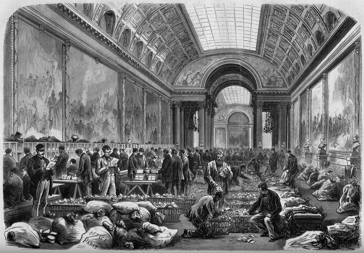 Udsigt over galleriet over kampene på slottet i Versailles, hvor postkontoret er installeret af Unknown artist