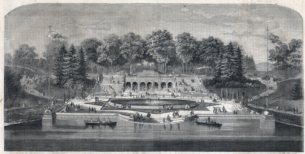 Udsigt over haven "" Central Park"" i New York, USA. Arkitektur af Frederick Law Olmsted (1822-1903) og (1824-1895) i Manhattan-distriktet. Indgravering i "The Illustrious Universe" af Unknown artist