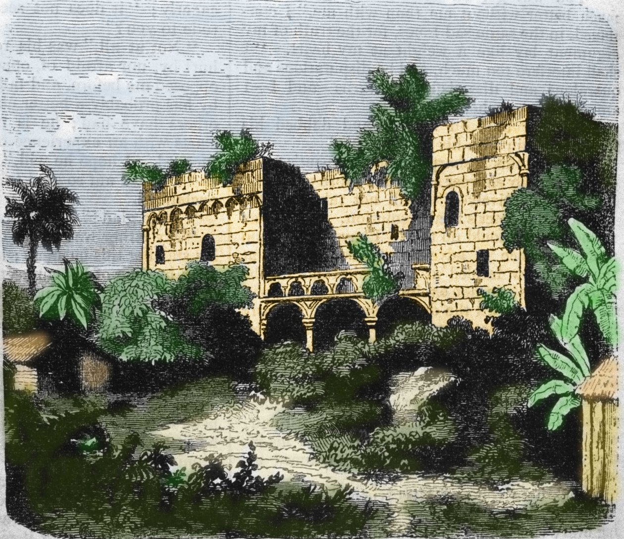 Udsigt over huset "" Alcazar de Colón"" bygget af Christopher Columbus til hans søn Diego Columbus (Diego Colon y Moniz) (1480-1526), på en ø Santo Domingo. Indgravering af det 19. århundrede. af Unknown artist