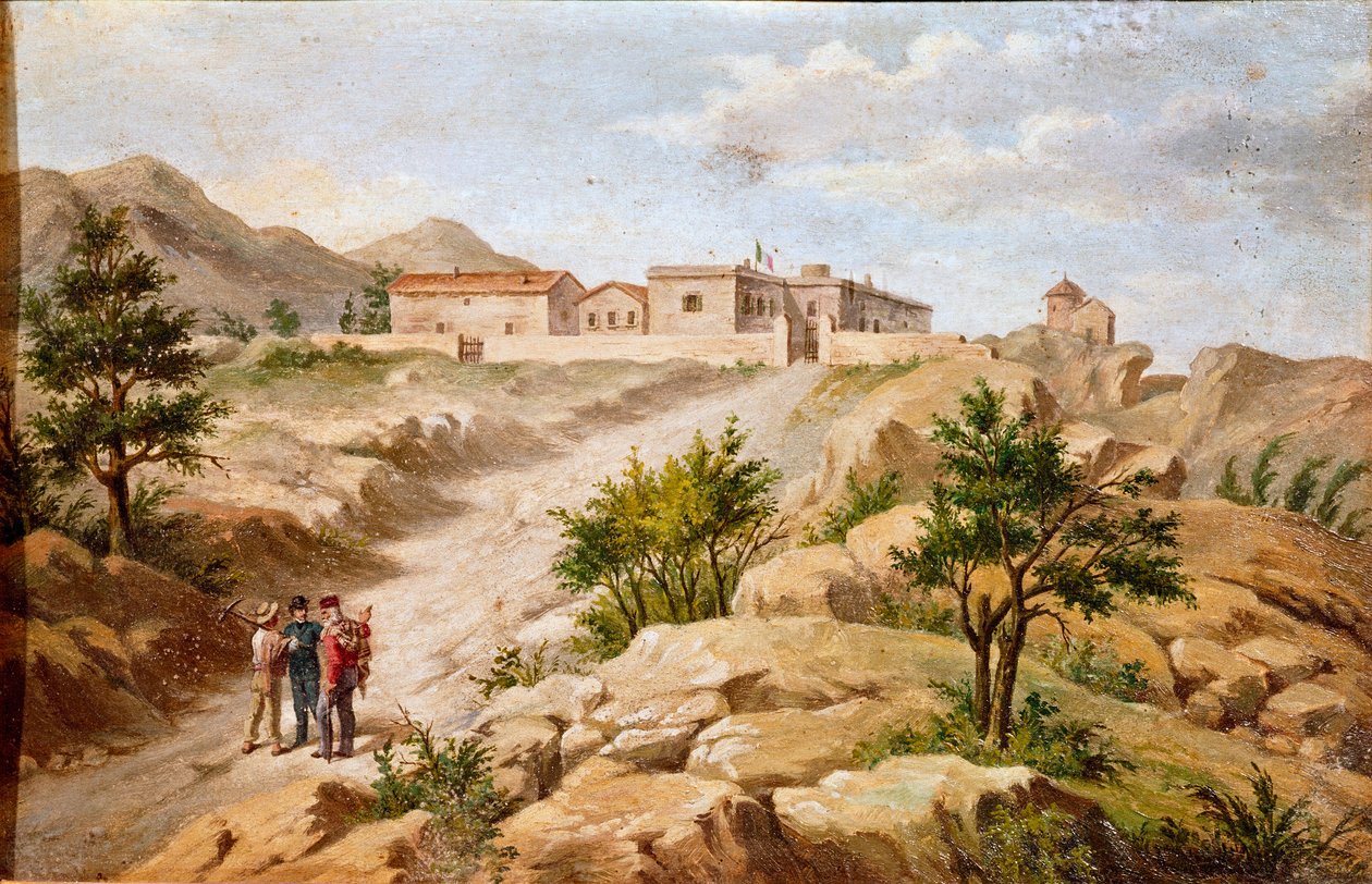 Udsigt over huset til den italienske patriot og helte fra Risorgimento Giuseppe Garibaldi (1807-1882) a Caprera (Sardinien) Garibaldi er med to bønder til venstre i billedet. Anonymt maleri af det 19. århundredes Rom Museo del Risorgimento af Unknown artist