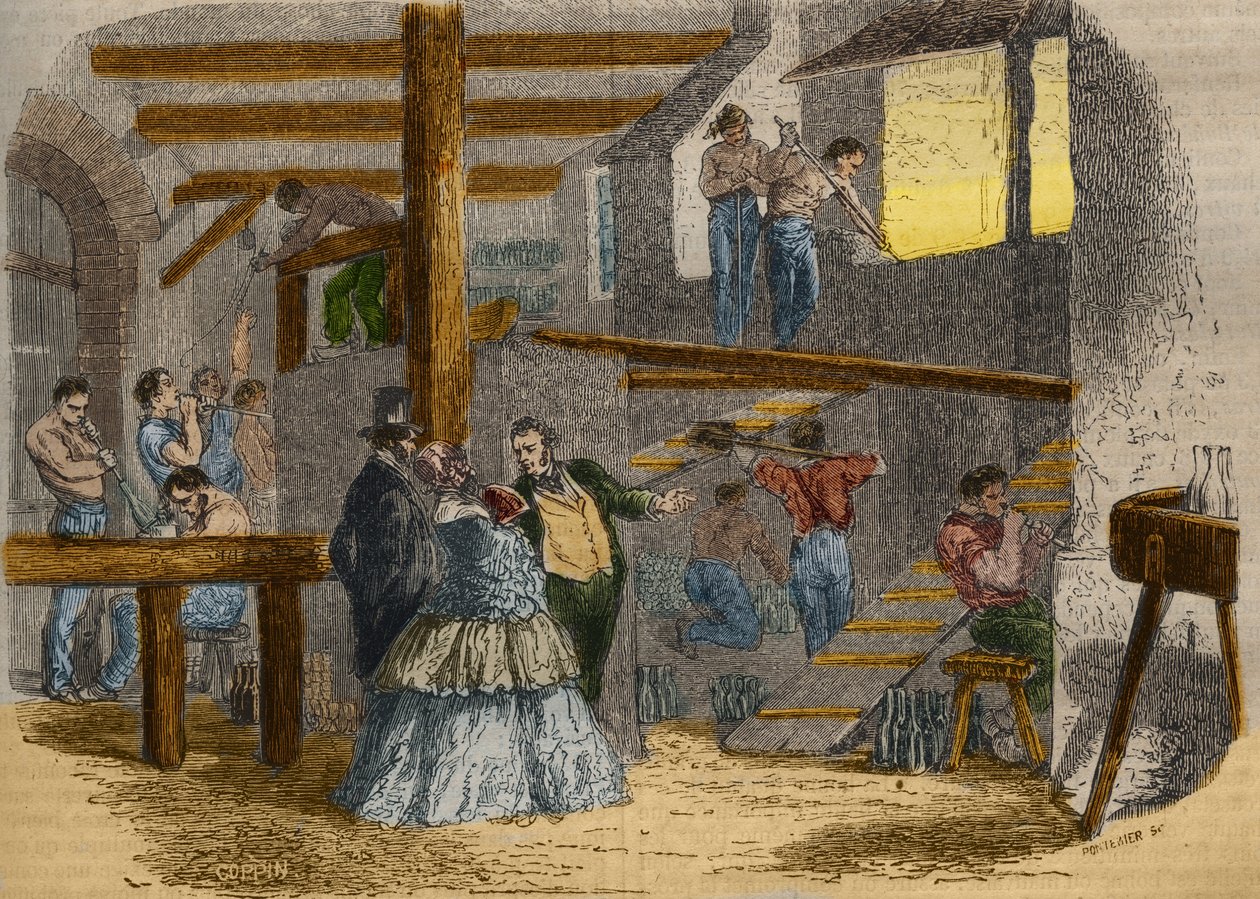Udsigt over det indre af et glas med glaspustere. Indgravering fra 1856 i "" Le Musee Des Sciences"" af Unknown artist