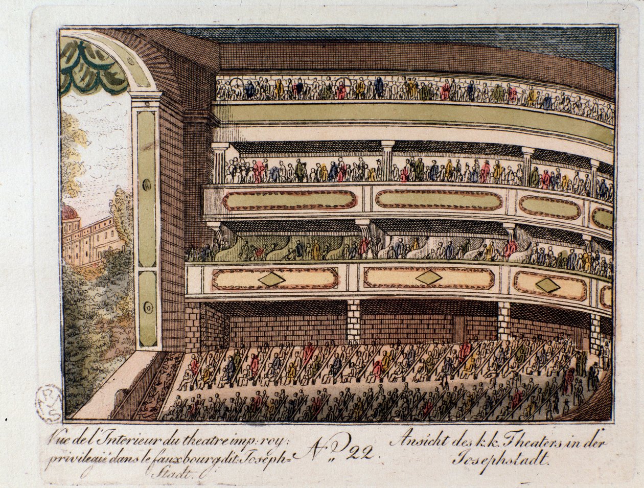 Udsigt over det indre af Imperial Theatre i Josephstadt-distriktet i Wien. Østrig (Indvendigt billede af det kejserlige teater i distriktet Josephstadt i Wien, Østrig) Gravering fra 1815 Privat samling af Unknown artist