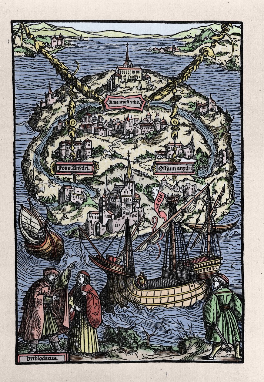 Udsigt over øen Utopia (Utopia) fra Thomas Mores bog (1478-1535), "" Den optimale status for den republik, der for nylig isolerede Utopia". Graveret af Johann Froben. 1518. af Unknown artist