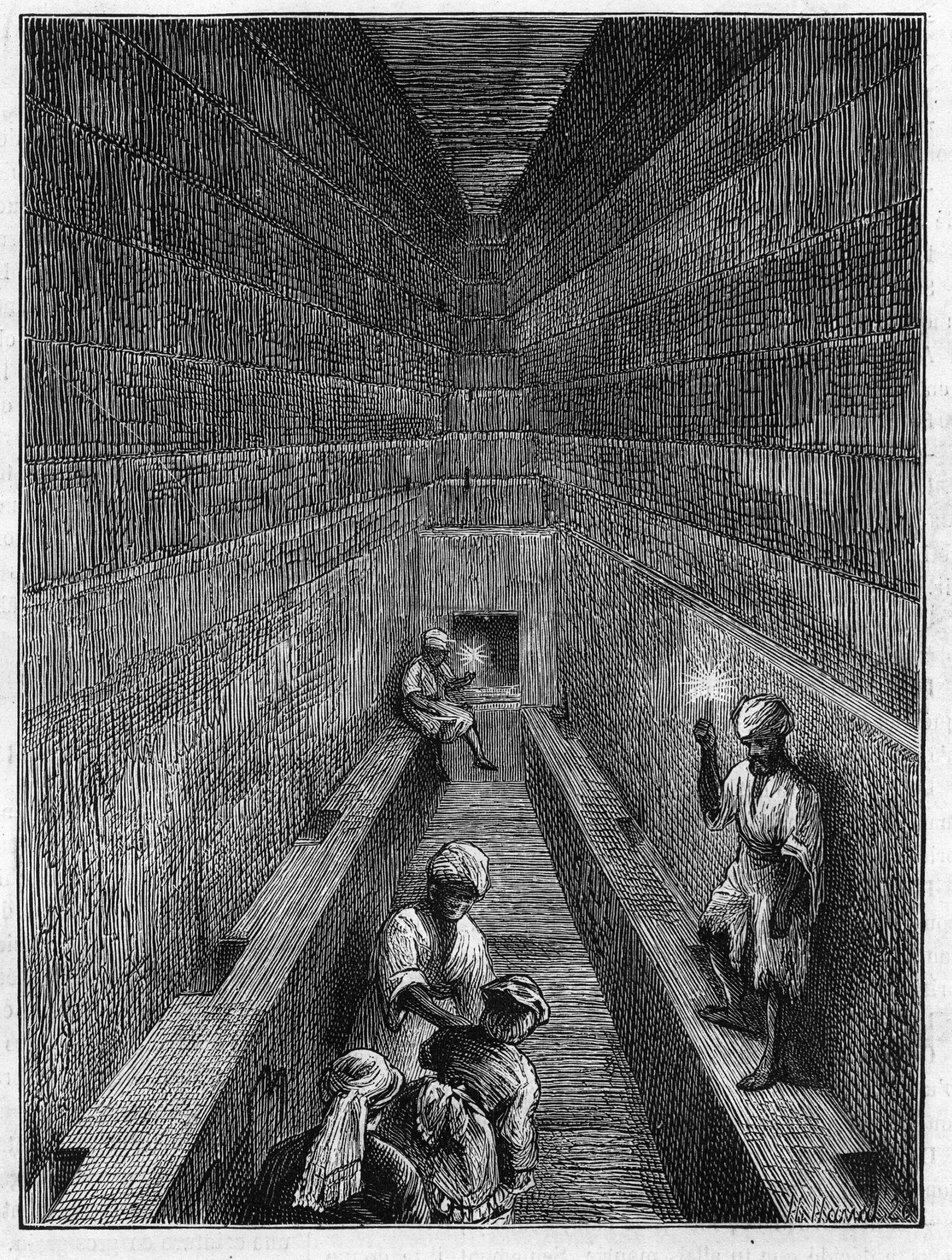 Udsigt over det store galleri af Kheops-pyramiden (Cheops, Keops, Khoufu, Khufu) i Guizeh (Guiseh, Giza, Giza), Egypten af Unknown artist