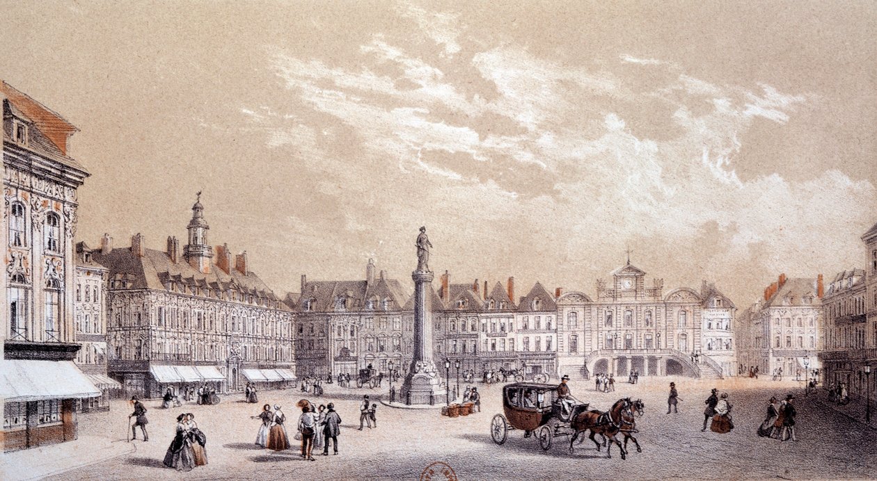 Udsigt over det store torv i byen Lille. Indgravering af det 19. århundredes Paris, B.N. af Unknown artist