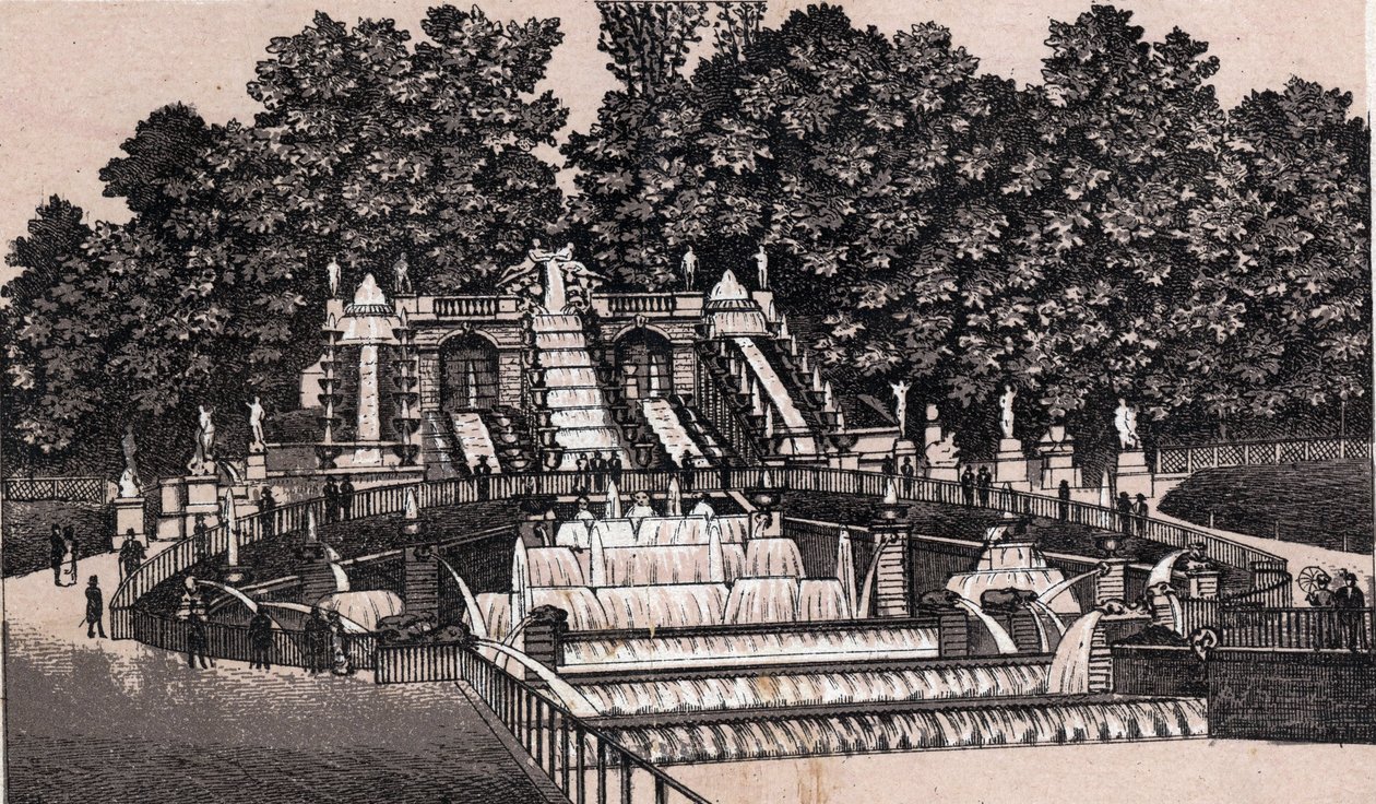 Udsigt over det store vandfald i parken Saint Cloud (Saint-Cloud), Frankrig. i "" Verden illustrerer 168 visninger"" Udateret (slutningen af 1800-tallet) af Unknown artist