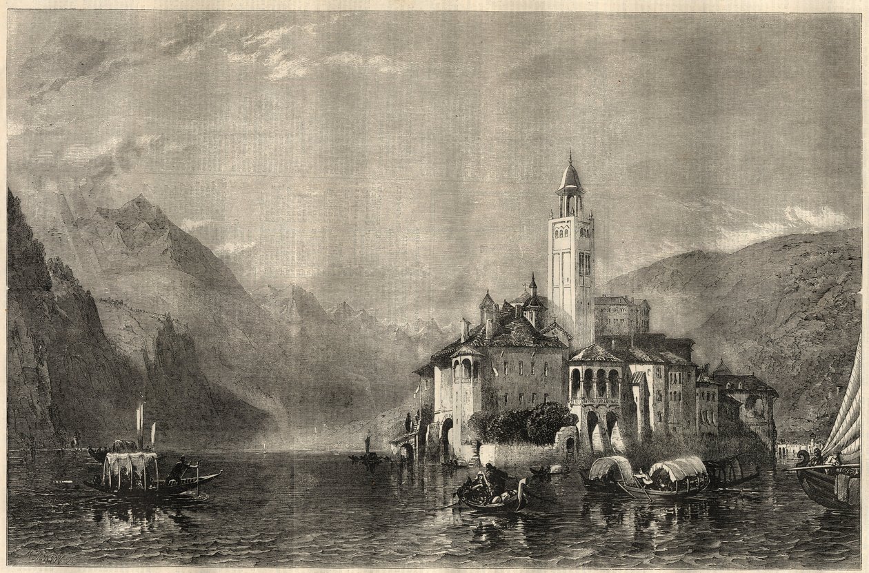 Udsigt over klostret Mater Ecclesiae på øen Saint Jules (Saint Jules) (San Giulio) ved Orta-søen (Lake Cusio) i Italien. Gravering efter et maleri af William Collingwood Smith (1815-1887). I "The Illustrated London News" af 22. marts af Unknown artist