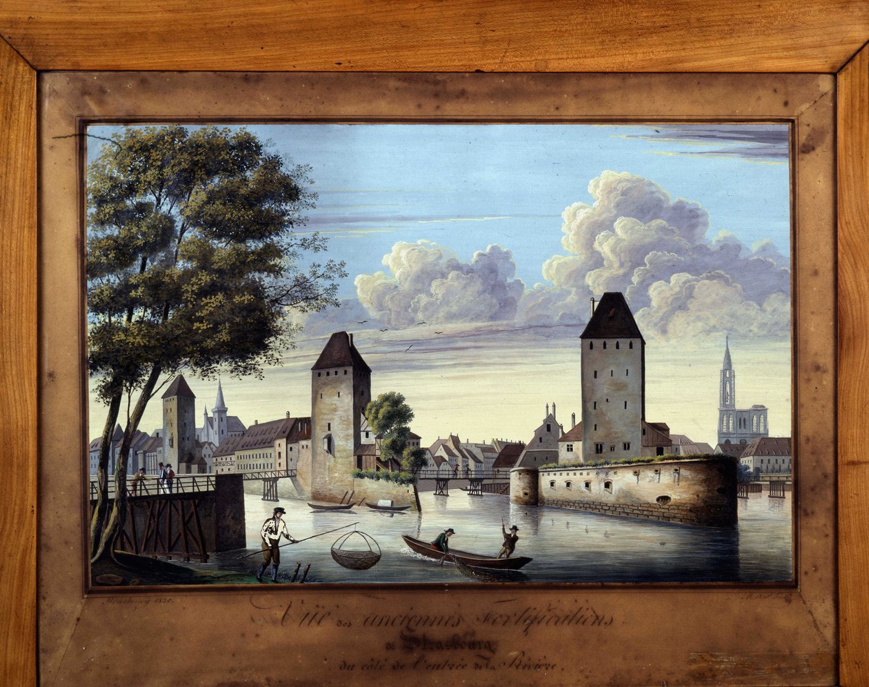 Udsigt over de gamle fæstningsværker i Strasbourg på siden af flodens indløb - maleri på glas af Unknown artist