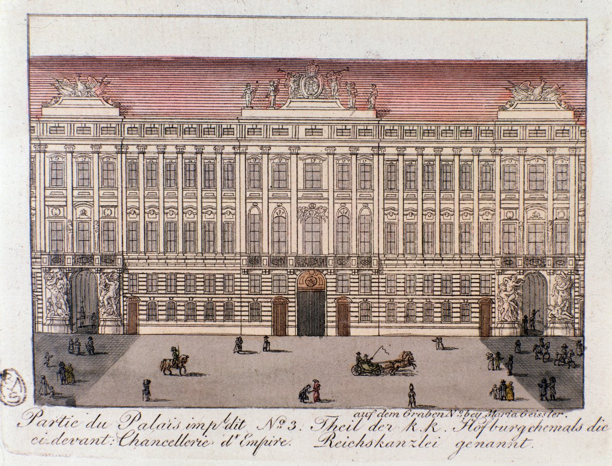 Udsigt over den del af det kejserlige palads, der hedder Imperiets kancelli i Wien. Østrig. Stik fra 1815 Privatsamling af Unknown artist