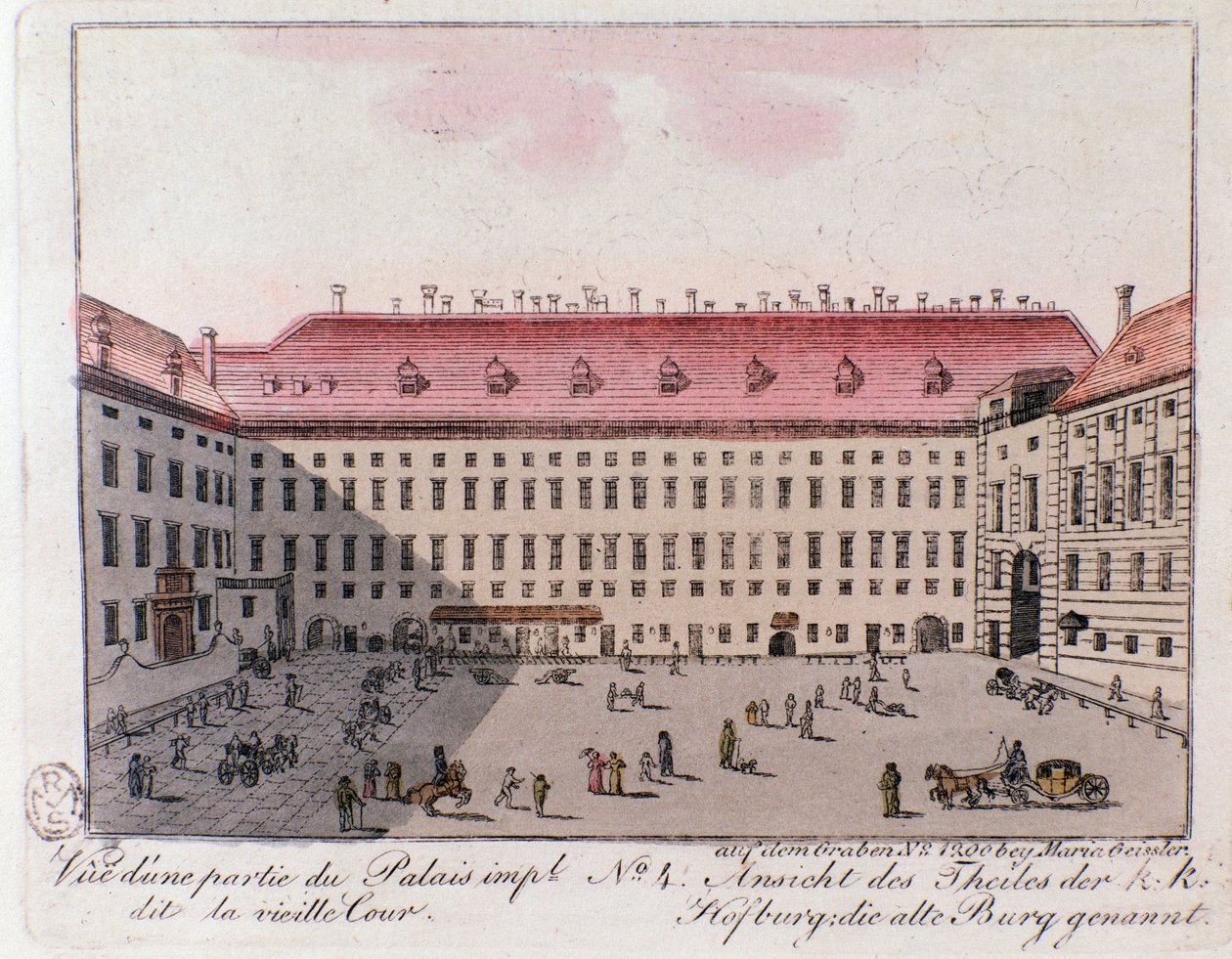 Udsigt over den del af det kejserlige palads, der hedder den gamle domstol i Wien. Østrig. Stik fra 1815 Privatsamling af Unknown artist