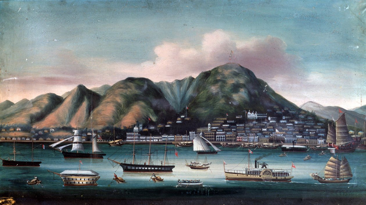 Udsigt over havnen i Hong Kong (sejlbåde og padlebåd) af Unknown artist