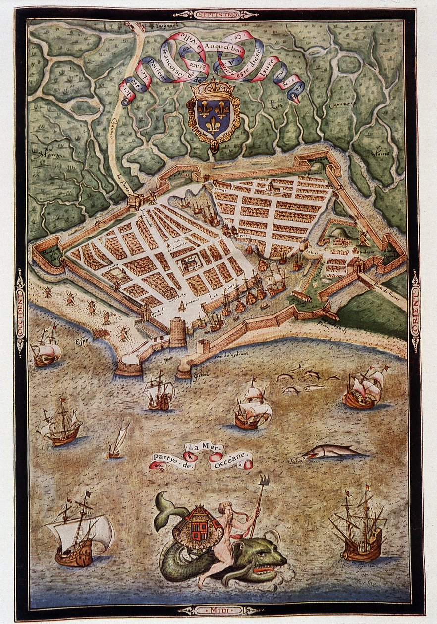 Udsigt over havnen i Le Havre i 1583 - fra et oplyst manuskript af Jacques Delvaux, pilot af flåden, dedikeret til admiral de Joyeuse af Unknown artist