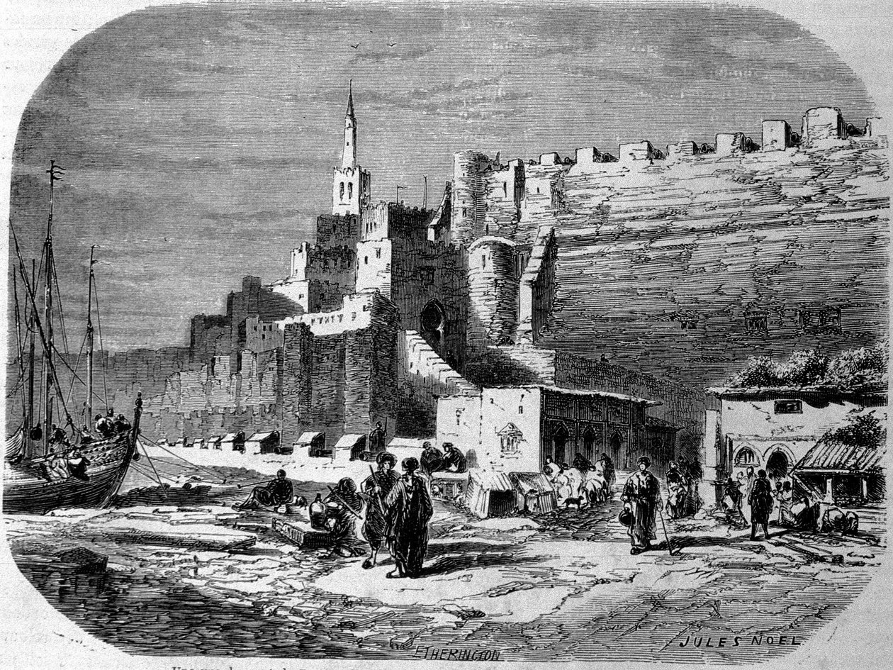 Udsigt over havnen i den befæstede by Tangier og kysten, Marokko. Stik fra 1860. af Unknown artist
