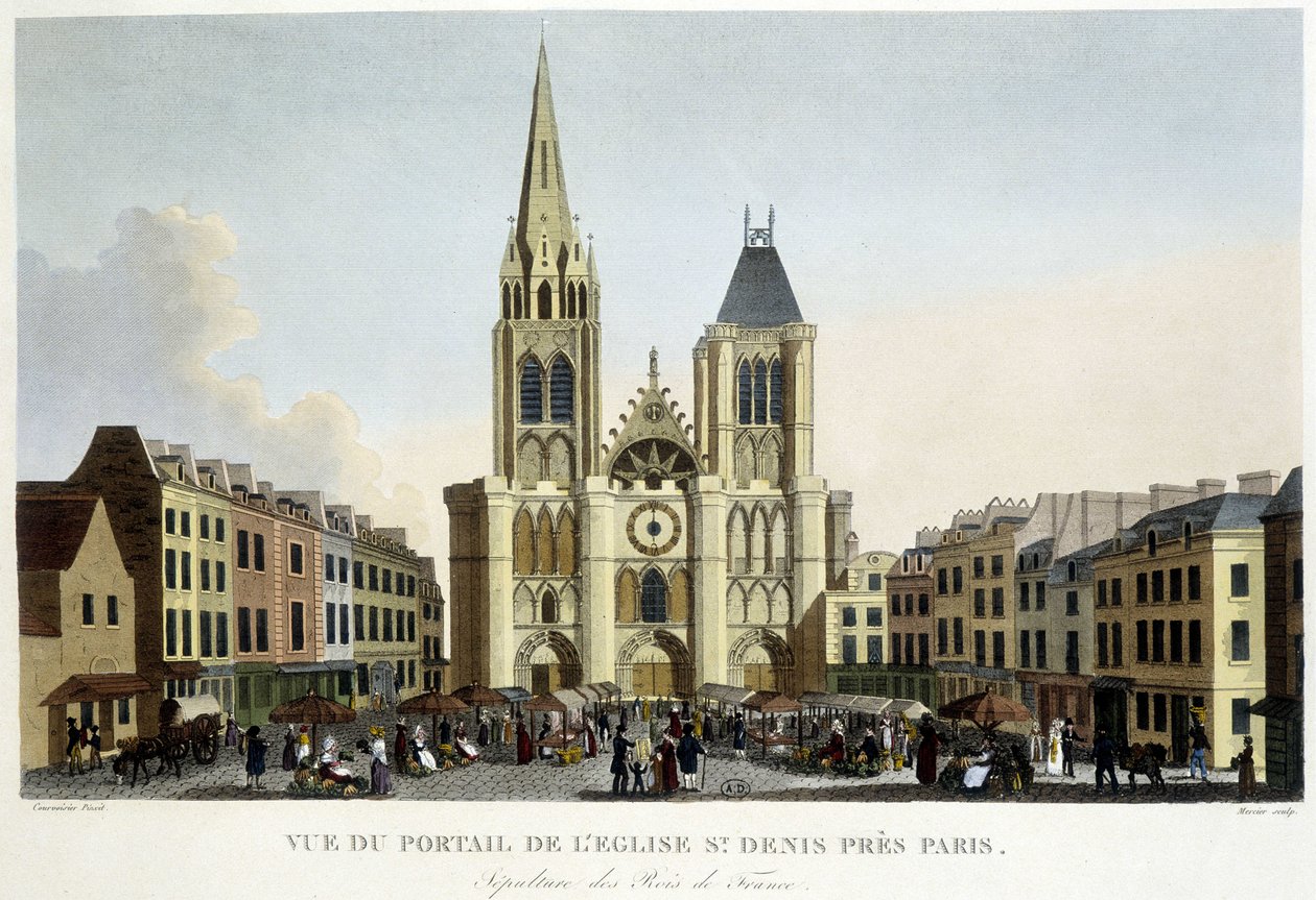 Udsigt over portalen til kirken St Denis, nær Paris, begravelse af Frankrigs konger og marked på pladsen - i "Paris par Courvoisier"" af Unknown artist