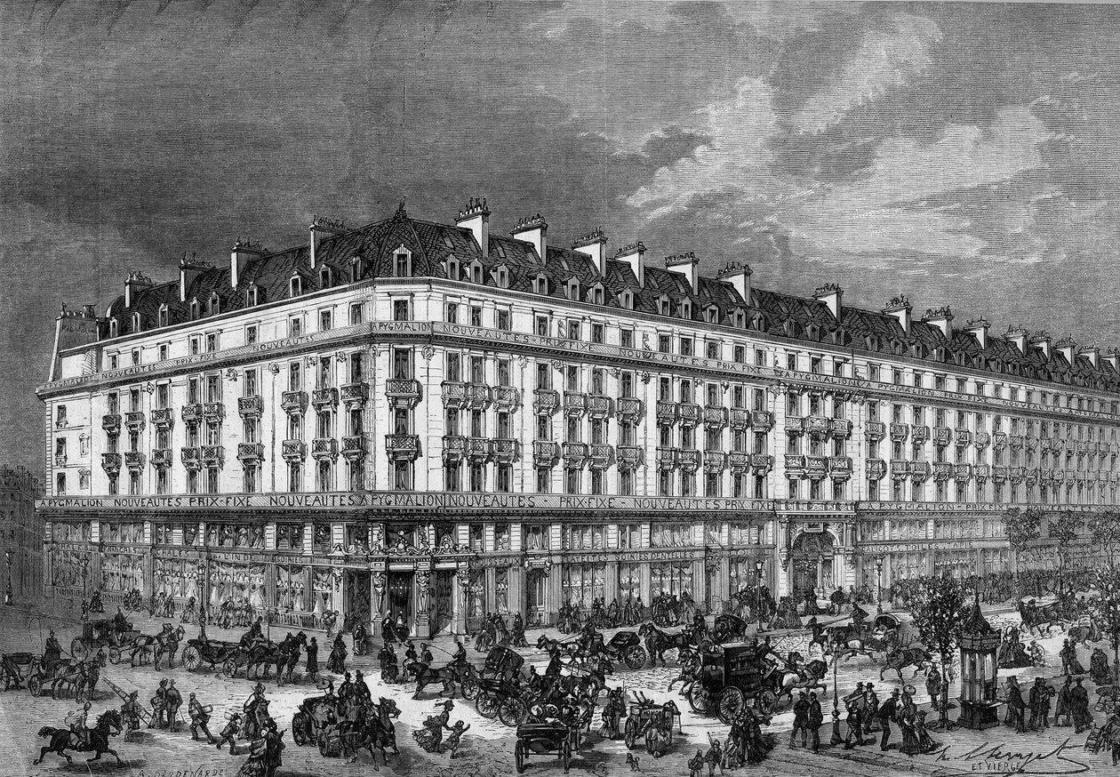 Udsigt over butikkerne i "" Pygmalion""" rue de Rivoli og boulevarden Sebastopol i Paris i 1872. af Unknown artist