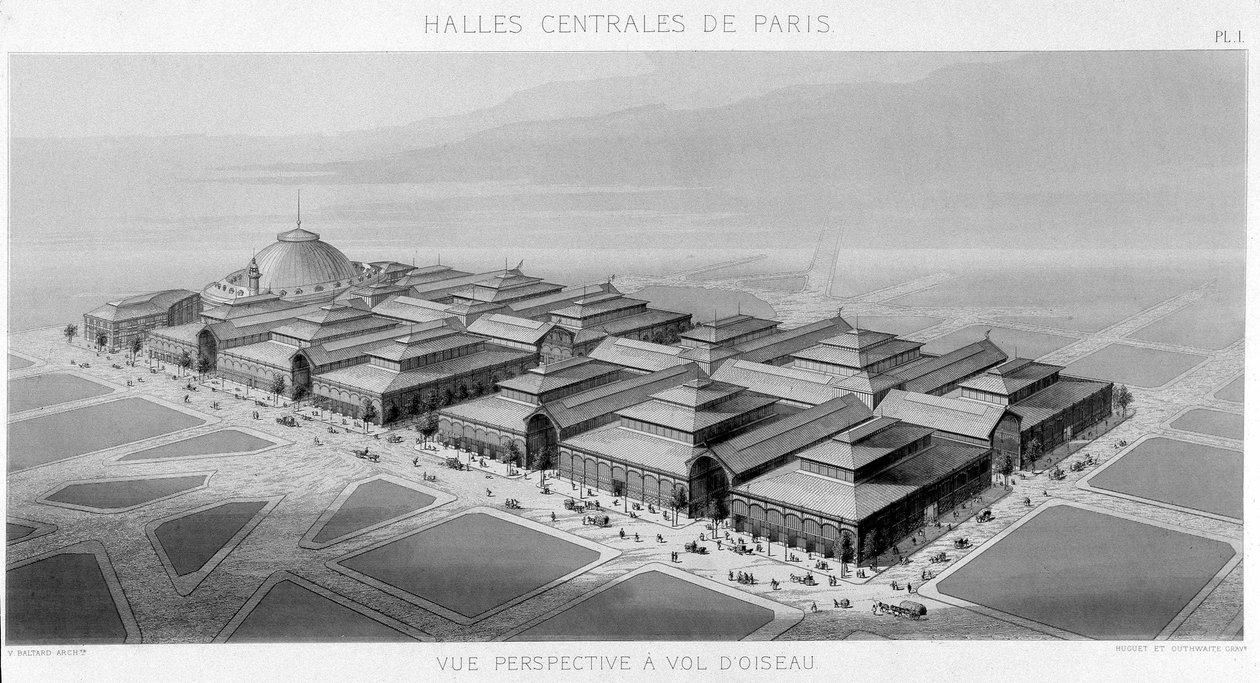 Udsigt over himlen i de centrale haller i Paris (Balard-pavilloner) - Monografi af de centrale haller i Paris, af V. Balard af Unknown artist