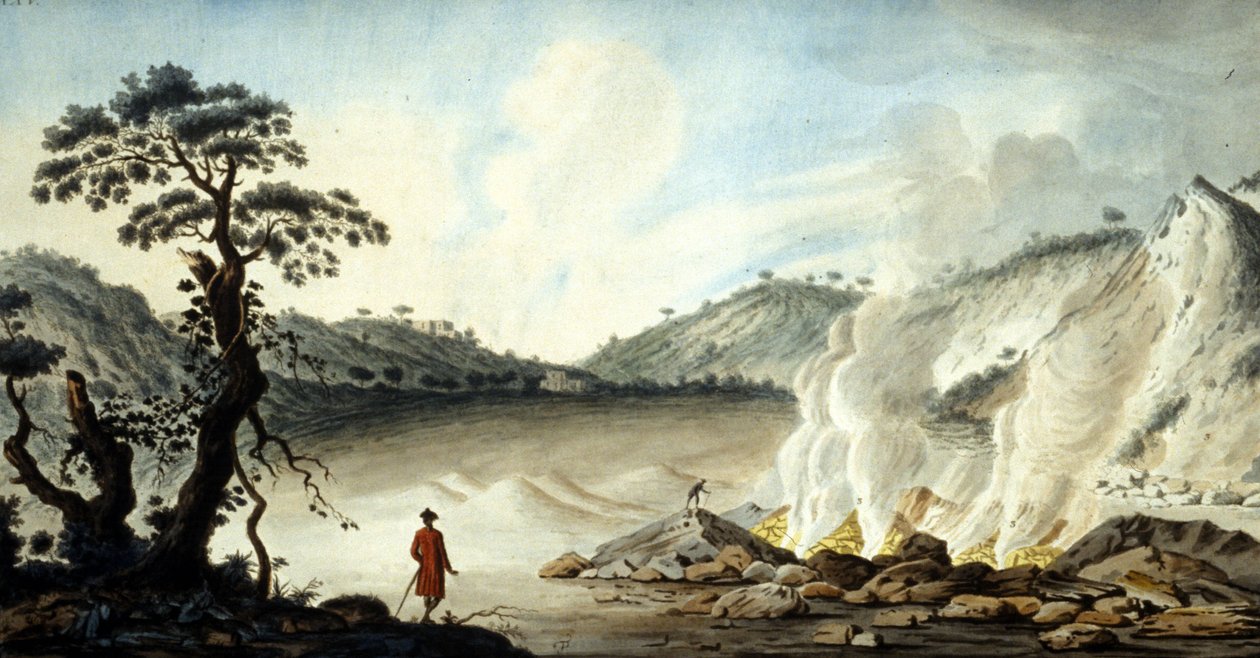 Udsigt over solfataren, vulkansk terræn, der kommer fra varme dampe og svovlgasser. Pozzuoli nær Napoli. 19. århundrede. af Unknown artist