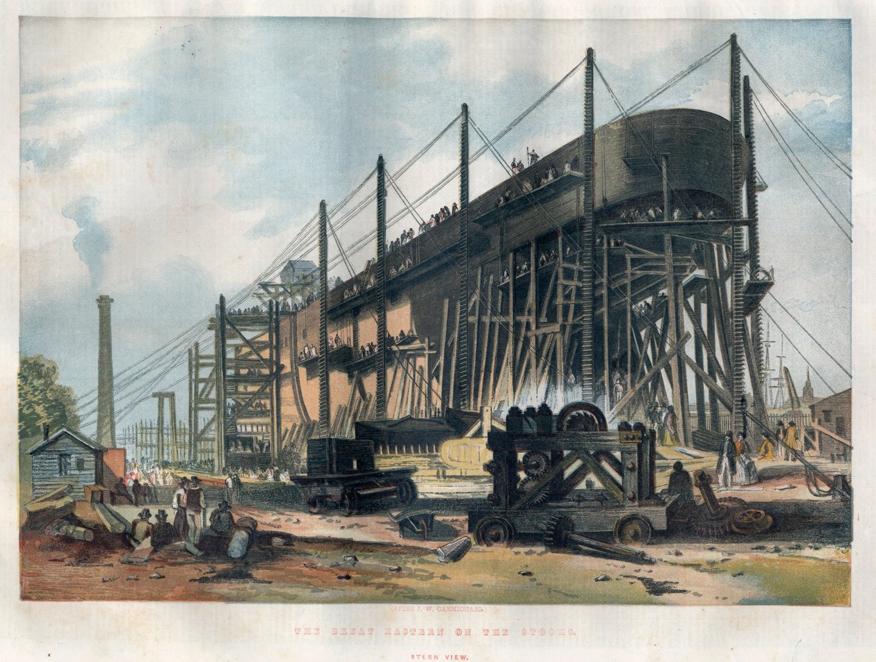 Udsigt over agterstavnen af det transatlantiske linjeskib "Great Eastern"" (Leviathan) under konstruktion på Thames-værftet i London. Indgravering i "" The illustrated London News "" af 7. november 1857. af Unknown artist