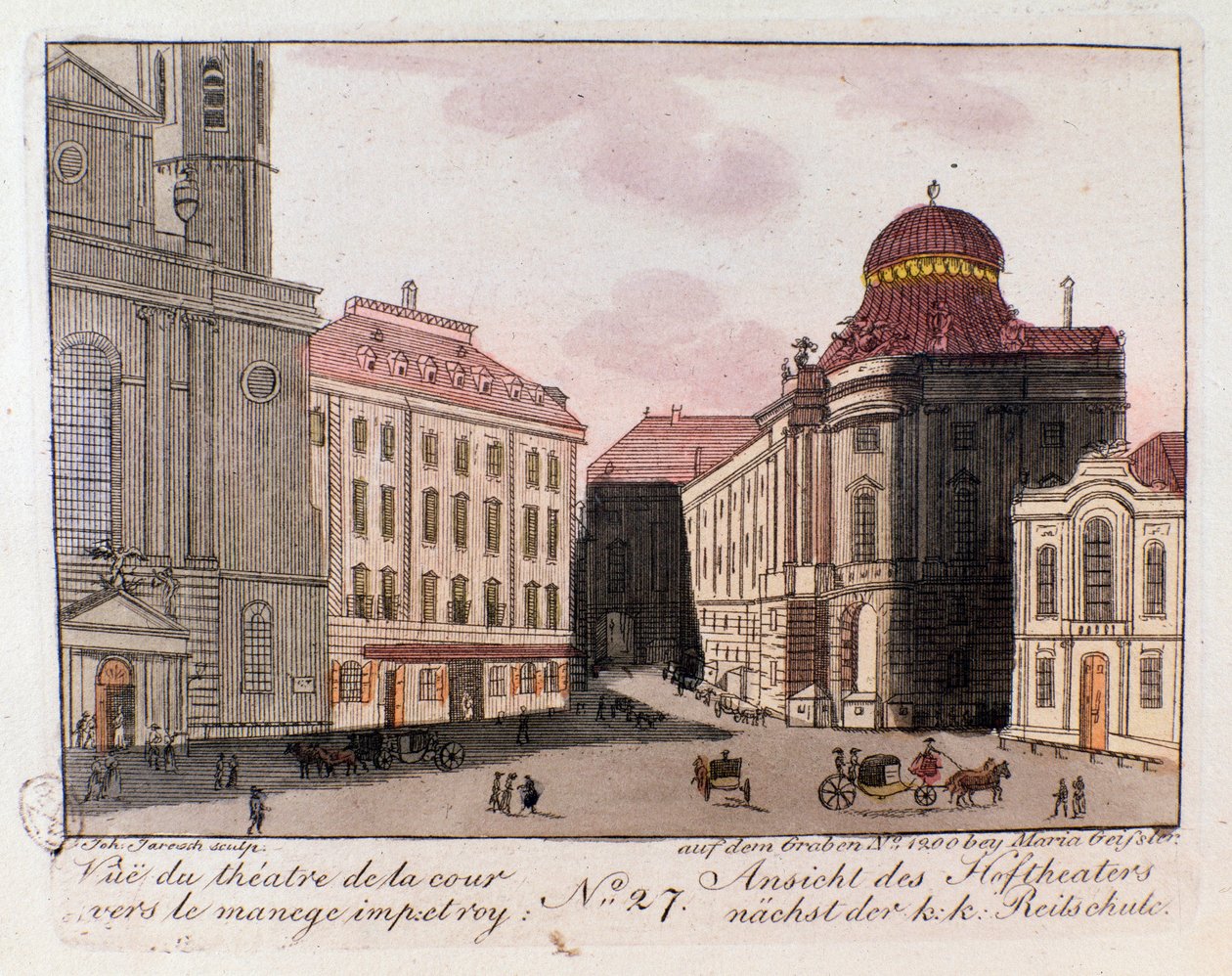 Udsigt over teatret og gården mod den kejserlige manege i Wien, Østrig. Stik fra 1815 Privatsamling af Unknown artist