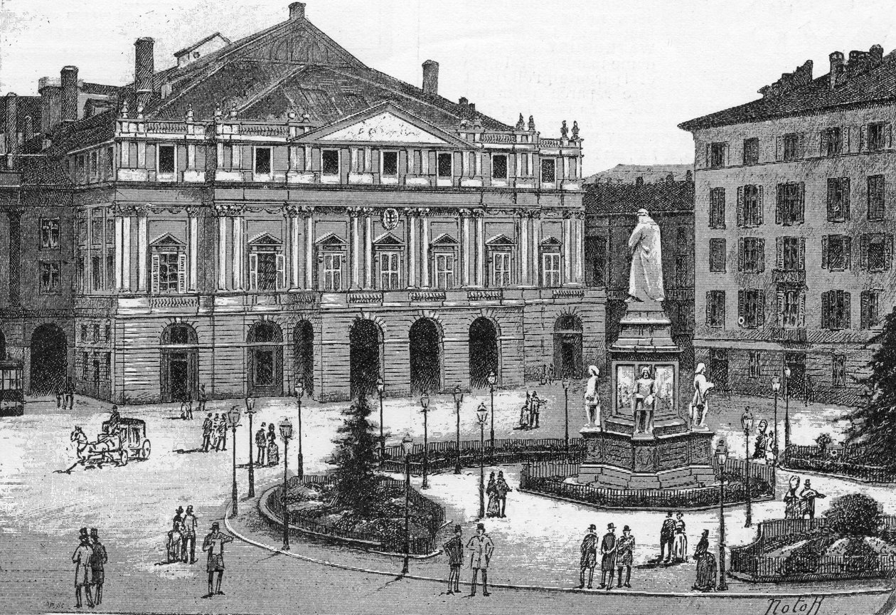 Udsigt over teatret i La Scala i Milano, Italien. (Teatro alla Scala Milano) Indgravering i ""The Illustrous World"" af Unknown artist