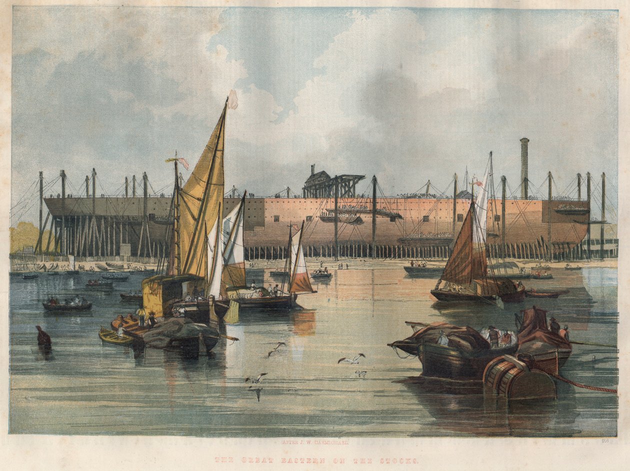Udsigt over det transatlantiske linjeskib "Great Eastern" (Leviathan) under konstruktion på Thames Shipyard i London. Indgravering i "" The illustrated London News "" af 7. november 1857. af Unknown artist