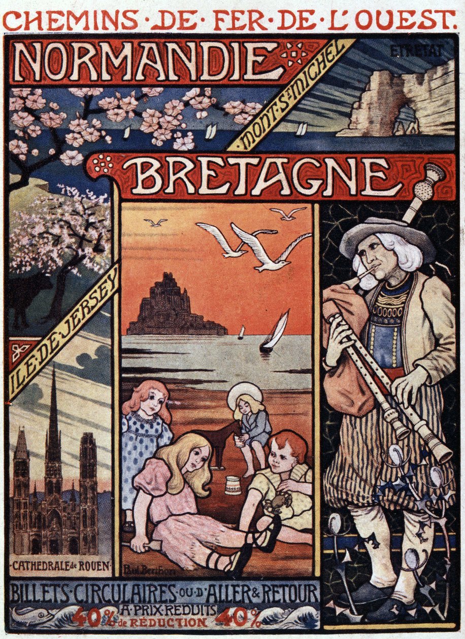 Udsigt over Normandiet (Rouen og Etretat) og Bretagne (Mont Saint Michel), børn på stranden og sækkepibespiller - reklameplakat for Railways de l