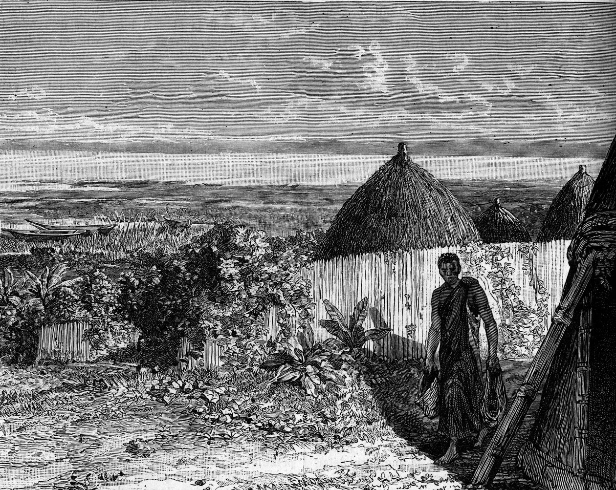 Landsby ved bredden af Lake Albert Nyanza (eller Lake Albert), Afrika. Gravering i "" Le Journal de la jeunesse"" af Unknown artist