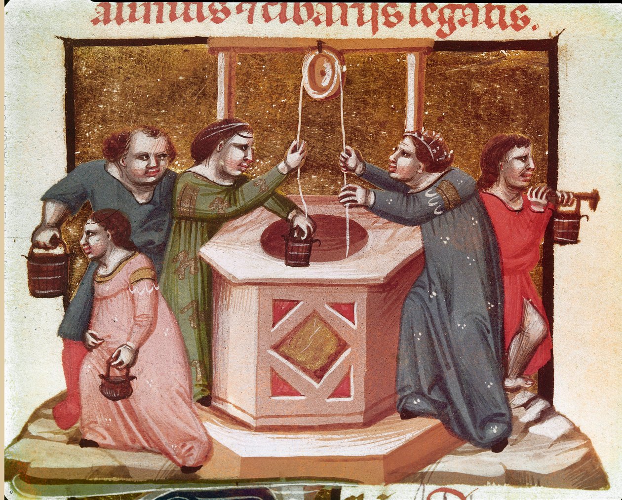 Landsbyboere, der slæber vand ved brønden Miniature fra Justinian Code (Codex Justinianus), en samling love og institutioner udgivet under den romerske kejser Justinian I af Byzans (483-565) af Unknown artist
