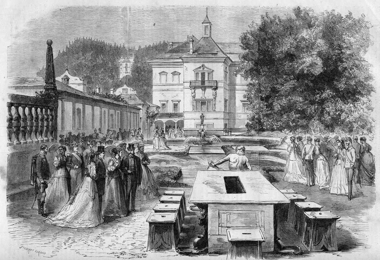 Besøg af kejser Francois-Joseph (1830-1916) og Impress Elisabeth af Østrig (Sissi) (1837-1898) med Eugenie (1826-1920), Impress af franskmændene og Napoleon III til den kejserlige residens Hellbrunn i Østrig den 21. august af Unknown artist