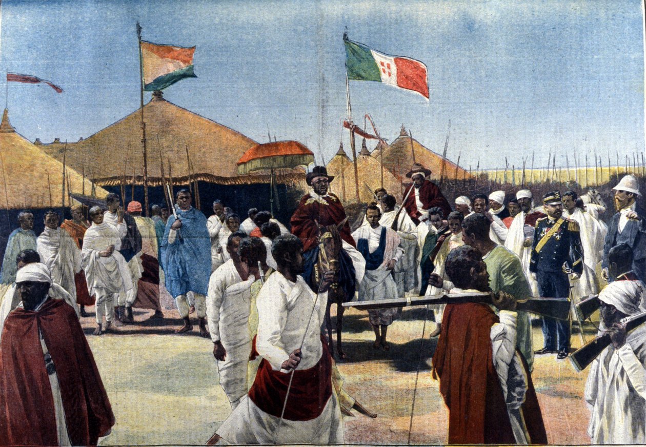 Besøg af Menelik II (1844-1913, konge af Etiopien) hos præsidenten for den italienske befuldmægtigede Ciccodicola af Unknown artist