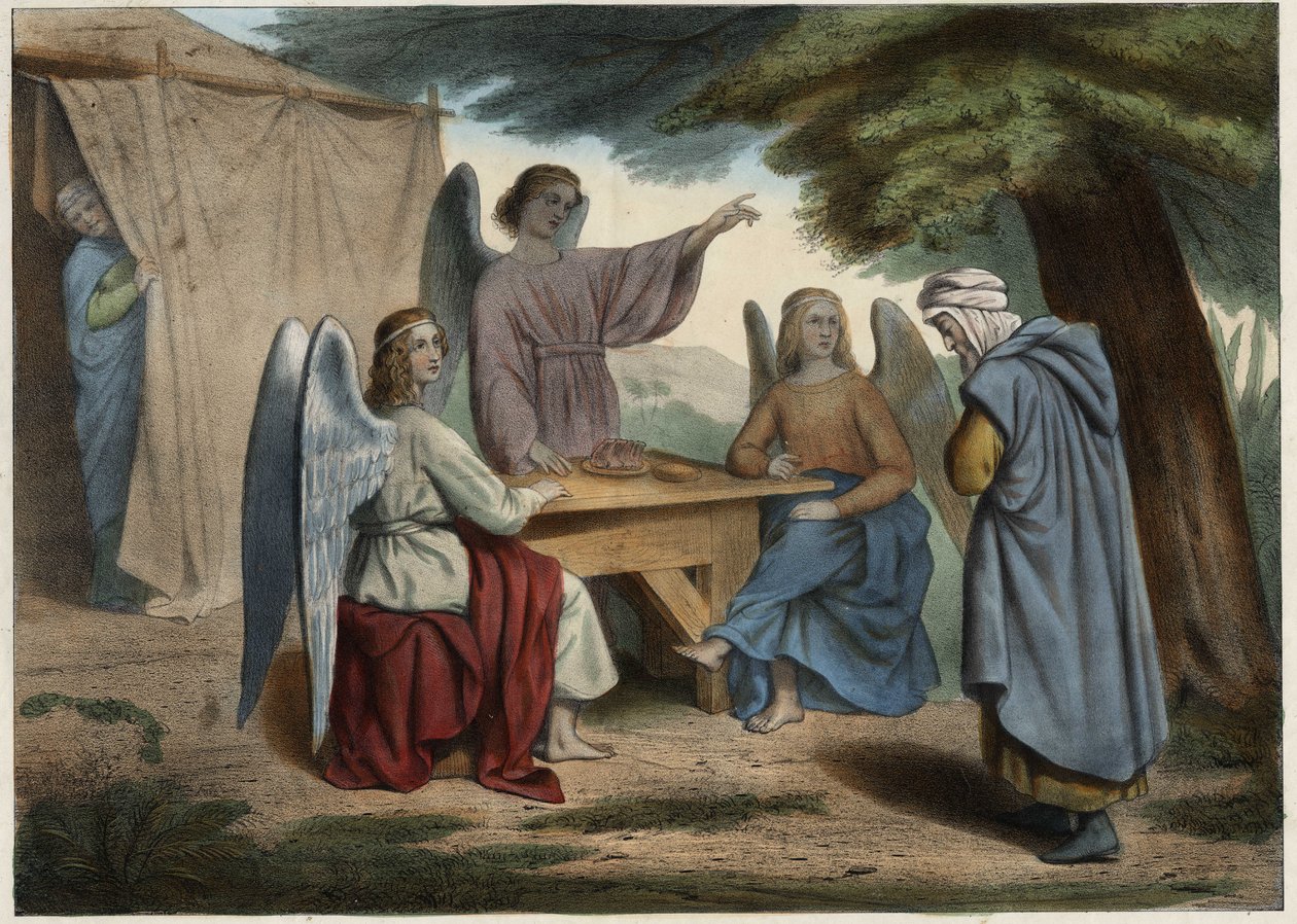 Besøg af de tre engle til Abraham: Abraham erfarer, at hans kone Sarah (dyb), allerede meget gammel, snart vil give ham en søn. Anonym stik fra midten af 1800-tallet. af Unknown artist