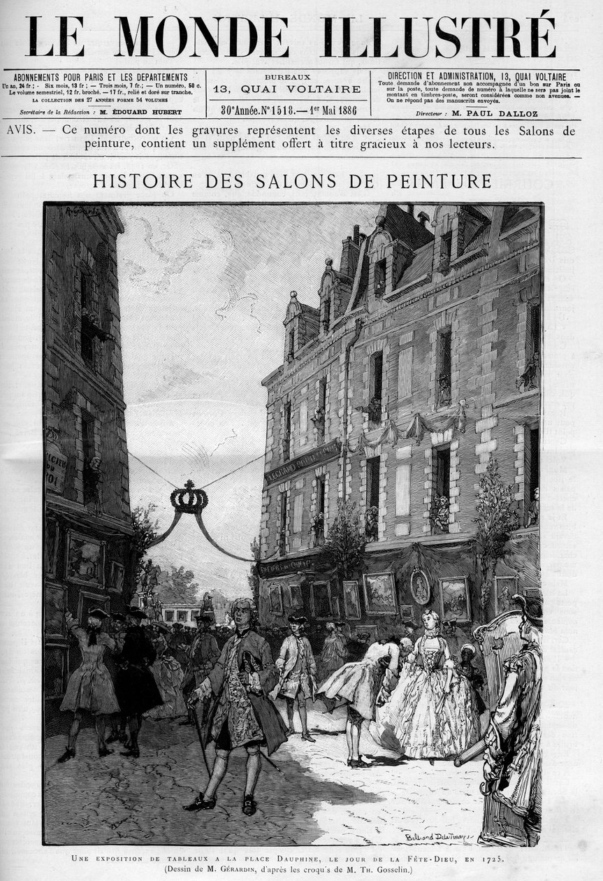 Besøg af udstillingen med malerier på Place Dauphine på Ile de la Cite i Paris, på dagen for fete dieu (fete dieu) i 1725. Indgravering i "" Le Monde illustrious"" af Unknown artist