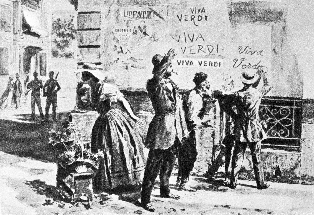 Viva Verdi: Begejstrede inskriptioner for Giuseppe Verdi i Napoli (de to Siciliens rige) under den østrigske besættelse i 1859, efter forbuddet mod hans opera "Un Ballo in maschera" (V.E.R.D.I. (VERDI) = Vittorio Emanuele Re d