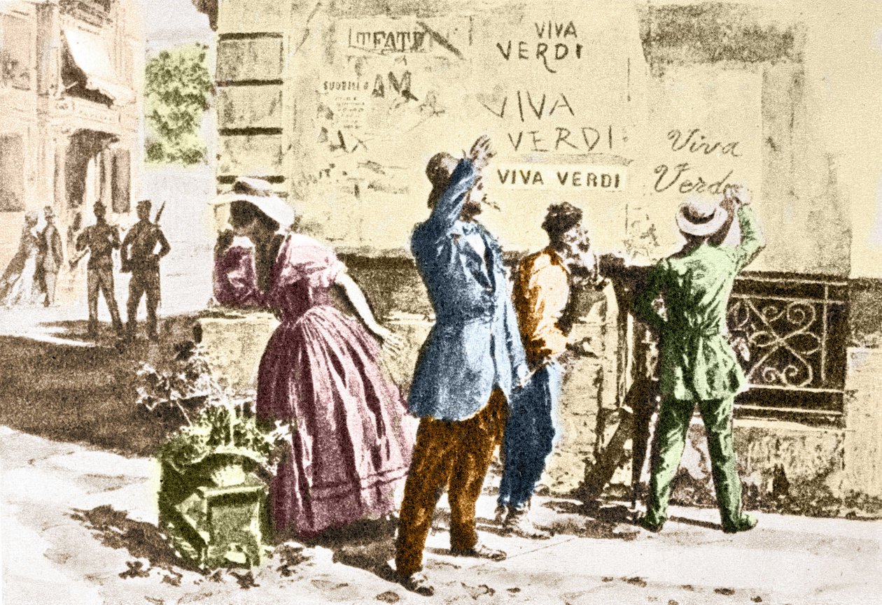 Viva Verdi: Begejstrede inskriptioner for Giuseppe Verdi i Napoli (de to Siciliens rige) under den østrigske besættelse i 1859, efter forbuddet mod hans opera "Un Ballo in maschera" (V.E.R.D.I. (VERDI) = Vittorio Emanuele Re d