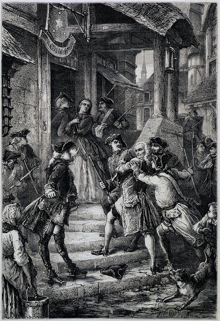 Voltaire (1694 - 1778) arresteret i Frankfurt i 1753 efter ordre fra den store Frederik II - i Histoire de France fra de fjerneste tider indtil 1789 af M. Guizot af Unknown artist