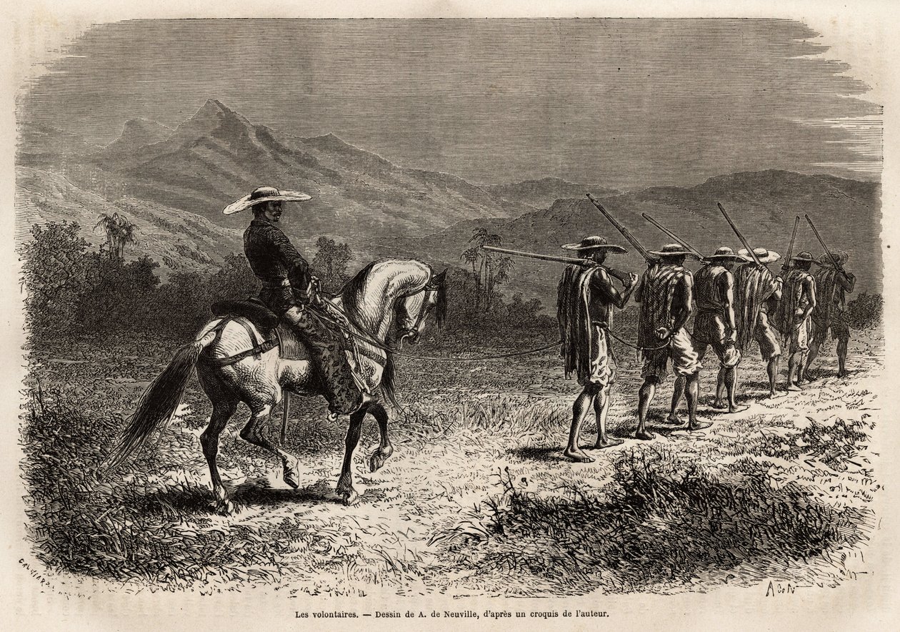 Frivillige på vej til Cali, en lang række mænd med hænderne bundet bag ryggen, forbundet med et reb til hinanden, et reb holdt af en soldat til hest, som tager dem med til en militær træningslejr. Gravering til illustration af rejsen til New Gra af Unknown artist