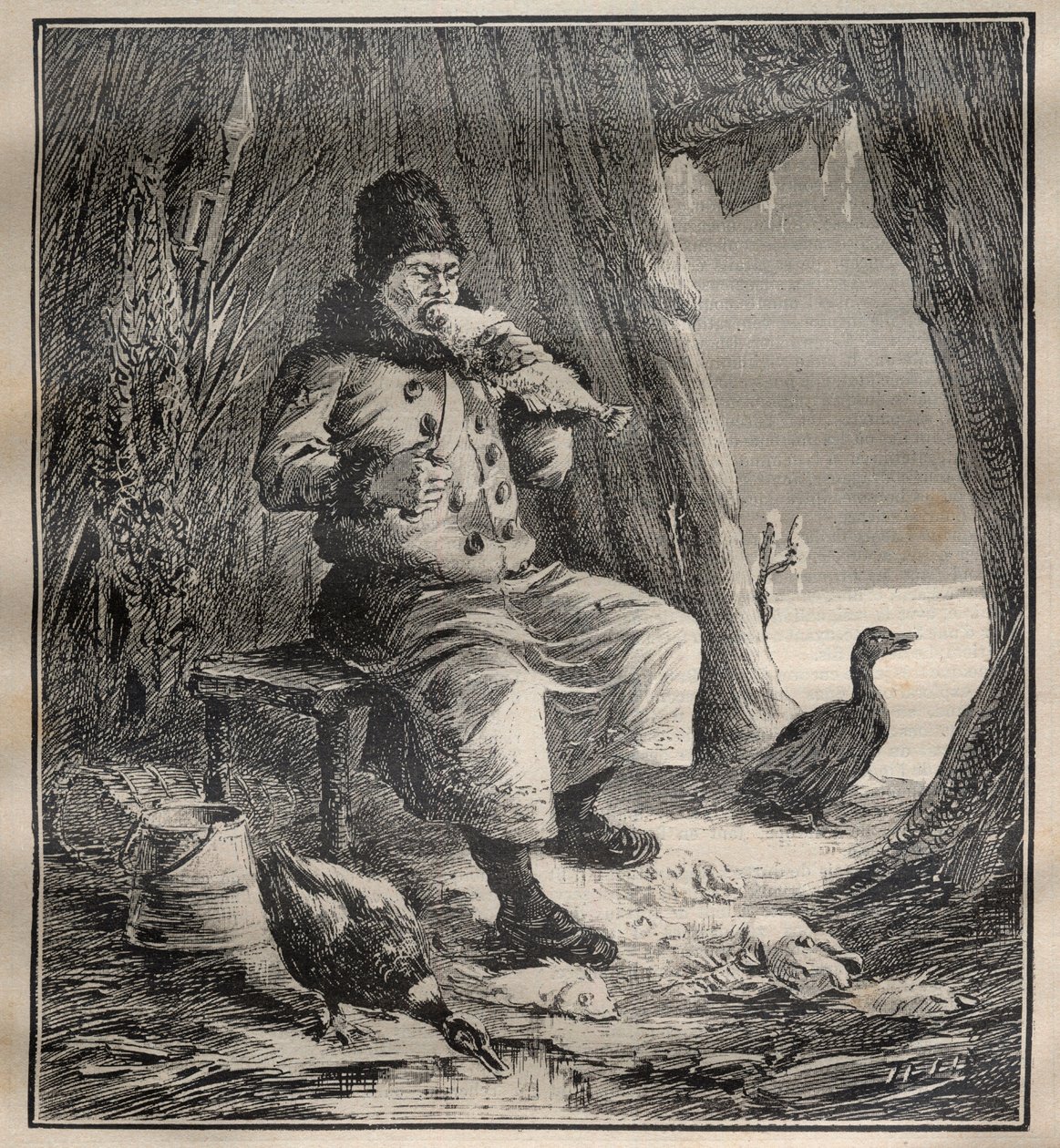 Rejser af Charles Rabot (1856-1944): Ostiak (Khanty eller Khante) fra Sibirien spiser fisk - indgravering i ""La Science francaise"" af Unknown artist