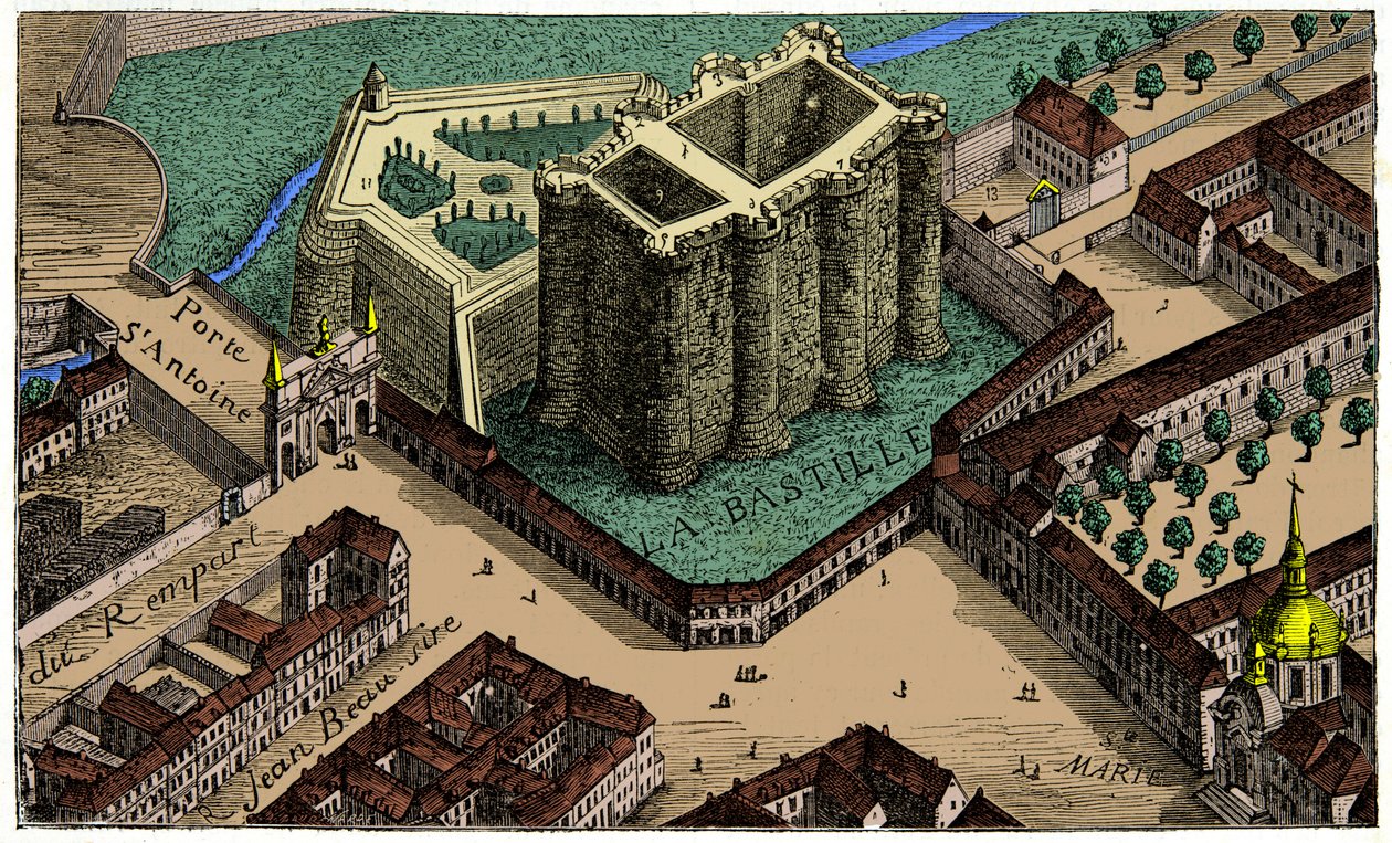 Udsigt over Bastillen fra et fugleperspektiv i 1553, gravering 1800-tallet af Unknown artist