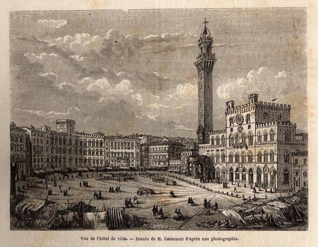 Udsigt over rådhuspladsen i Siena, gravering for at illustrere en rejse til Siena (Italien) i 1865, i "Le tour du monde, nouveau journal des voyages"" udgivet under ledelse af Edouard Charton af Unknown artist