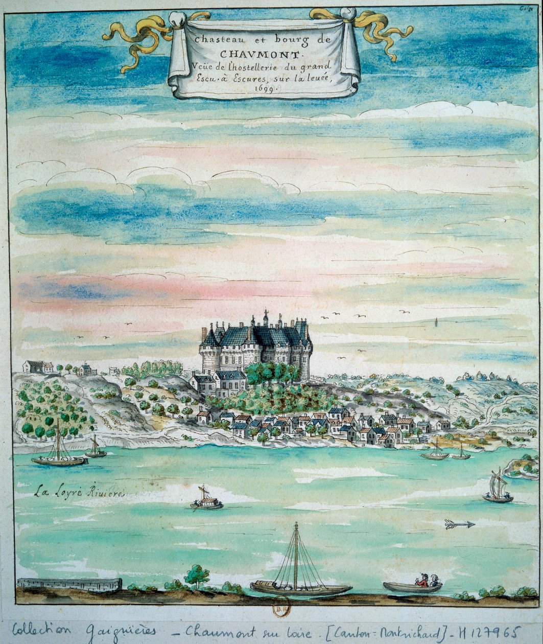 Udsigt over Chateau de Chaumont sur Loire Chateau de Chaumont-sur-Loire (Chaumont sur Loire) er et slot i Loire, Loir-et-Cher (Loir et Cher), Centre, Frankrig. Anonym akvarel fra 1699 Paris, B.N. af Unknown artist