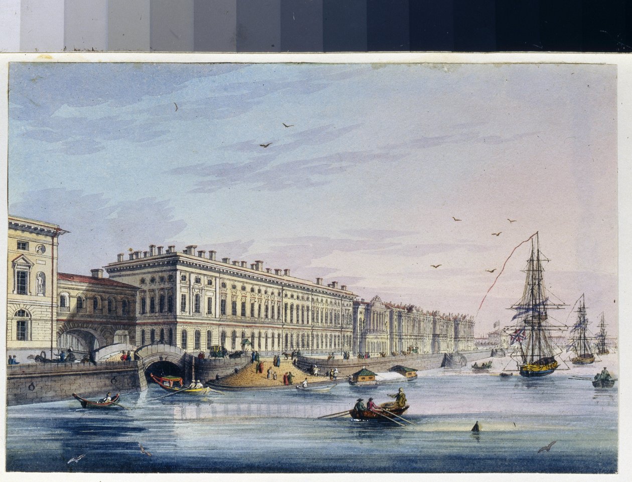 Udsigt over kajen i paladset i Sankt Petersborg (Rusland). (Fra Marie Taglionis album). Anonymt værk, gravering forstærket med akvarel, omkring 1840. 1800-tals kunst, klassicisme. Statens museum for A.S. Pushkin, Moskva. af Unknown artist
