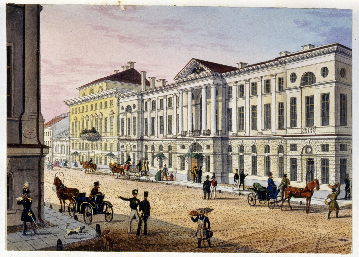Udvendigt billede af Hotel des Postes de Saint Petersburg (Album de Marie Taglioni) (Post Hotel i Saint Petersburg (Album of Marie Taglioni). Anonym radering og akvarel, 1840