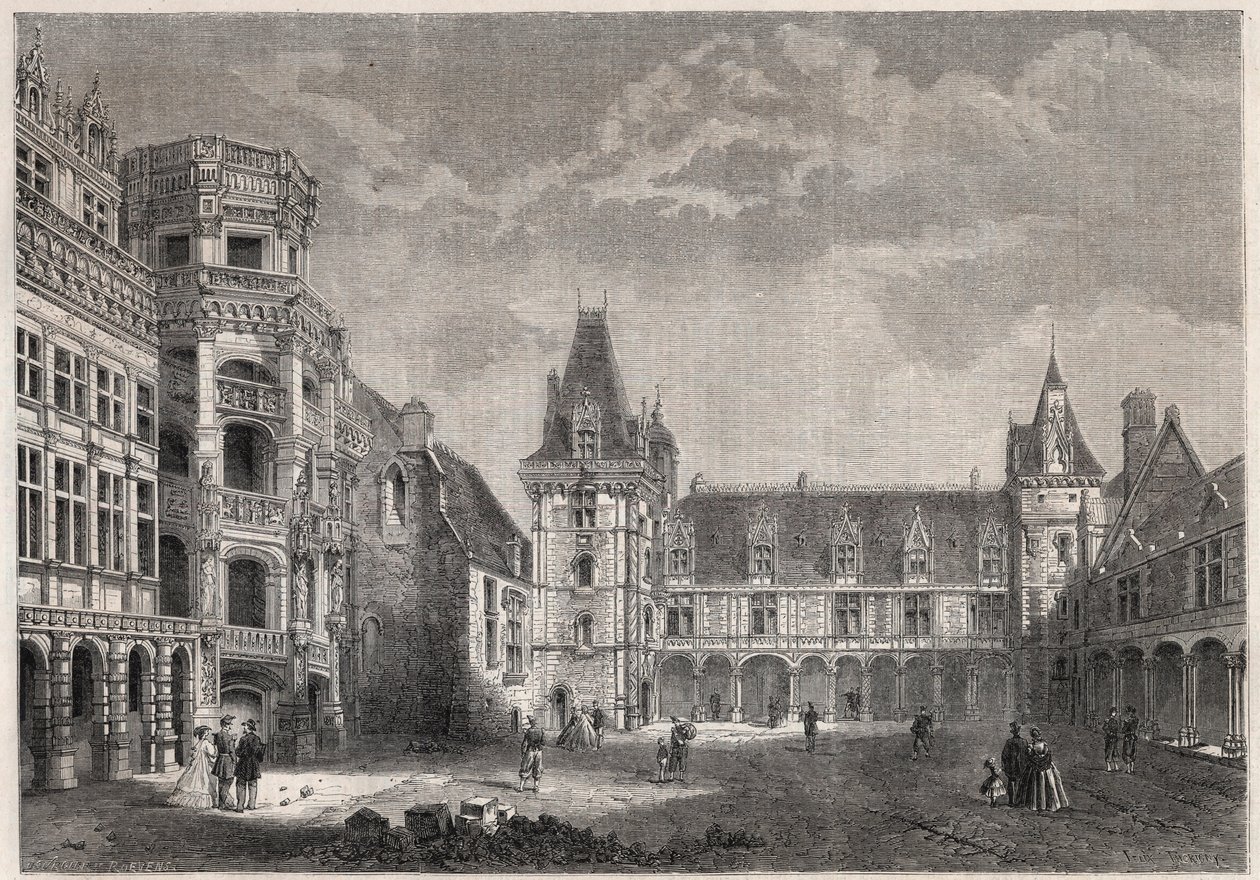 Udvendig udsigt over slottet Blois med den monumentale trappe - gravering i "" Le Monde Illustrie"" af Unknown artist