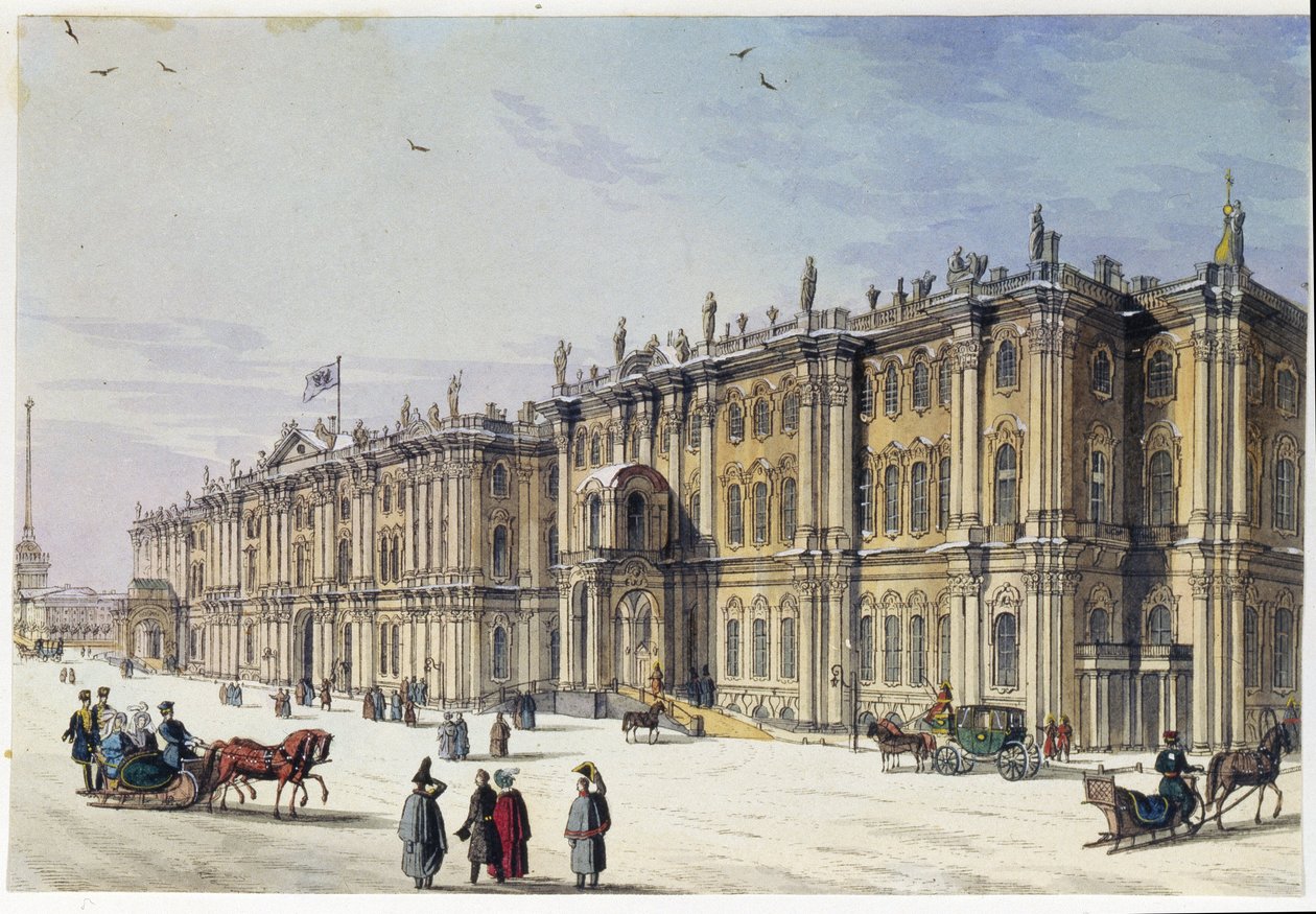 Udsigt over Vinterpaladset i Sankt Petersborg (Album af Marie Taglioni). Anonym radering og akvarel, 1840
